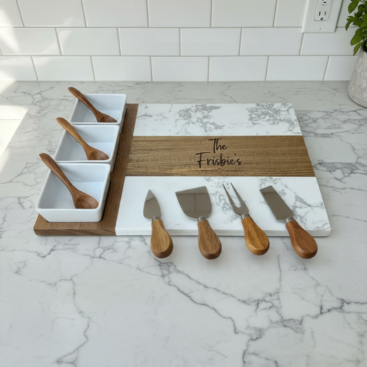 Personalized Marble & Acacia Wood Charcuterie Board Set