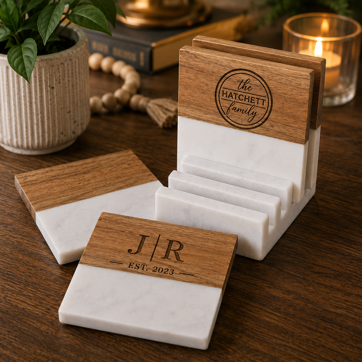 Personalized Marble & Acacia Wood Coaster Set