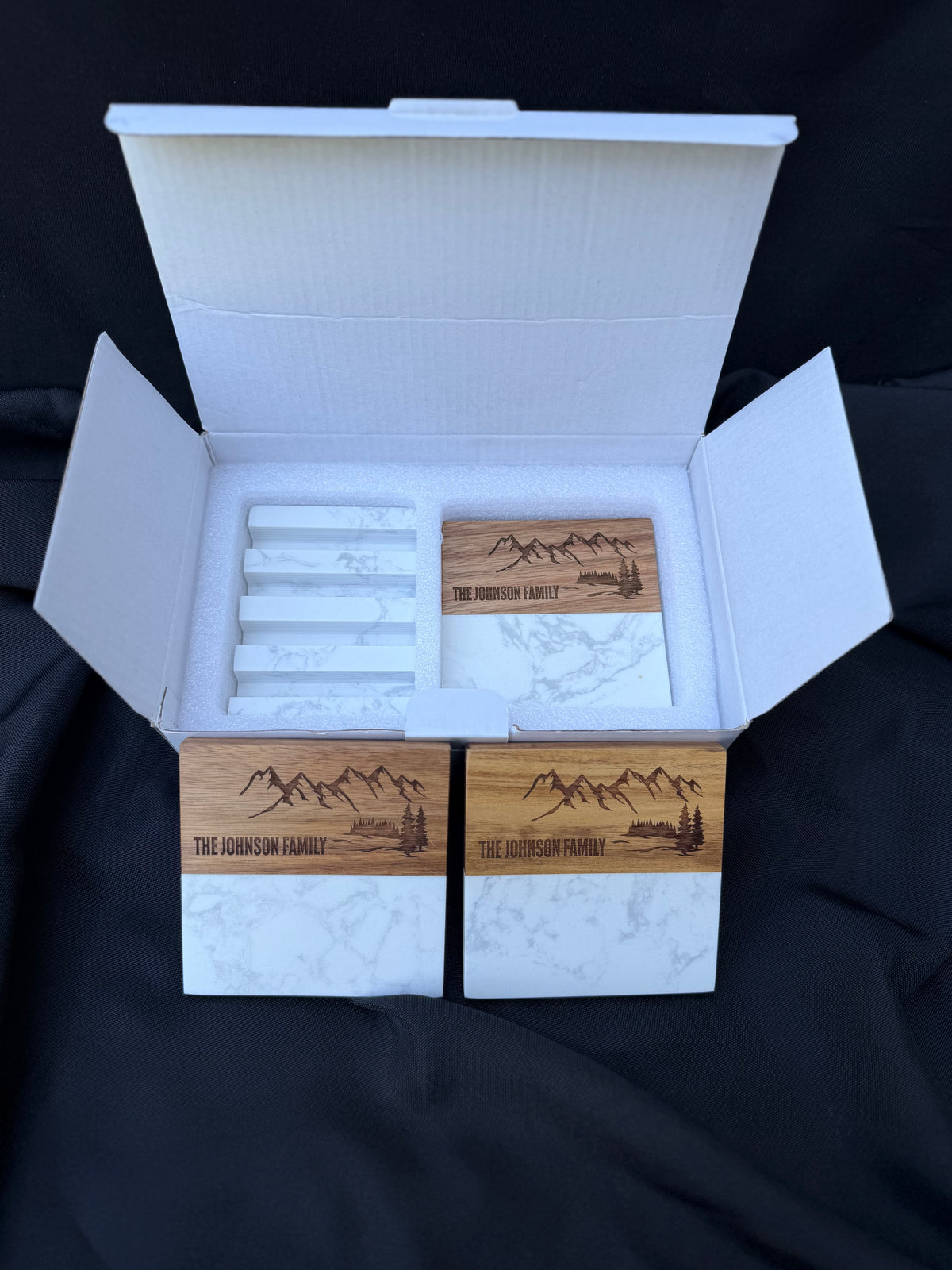 Personalized Marble & Acacia Wood Coaster Set
