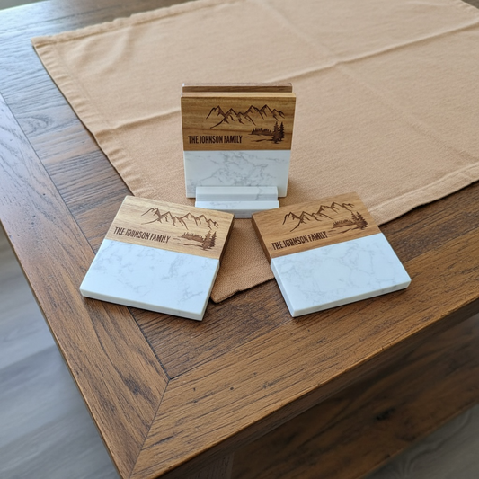 Personalized Marble & Acacia Wood Coaster Set