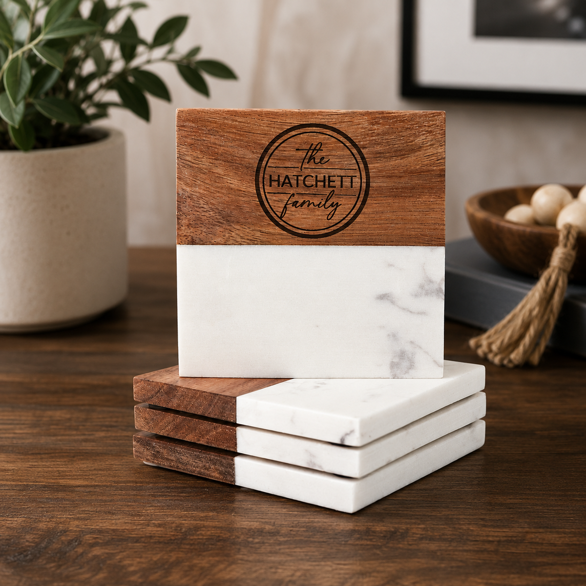 Personalized Marble & Acacia Wood Coaster Set