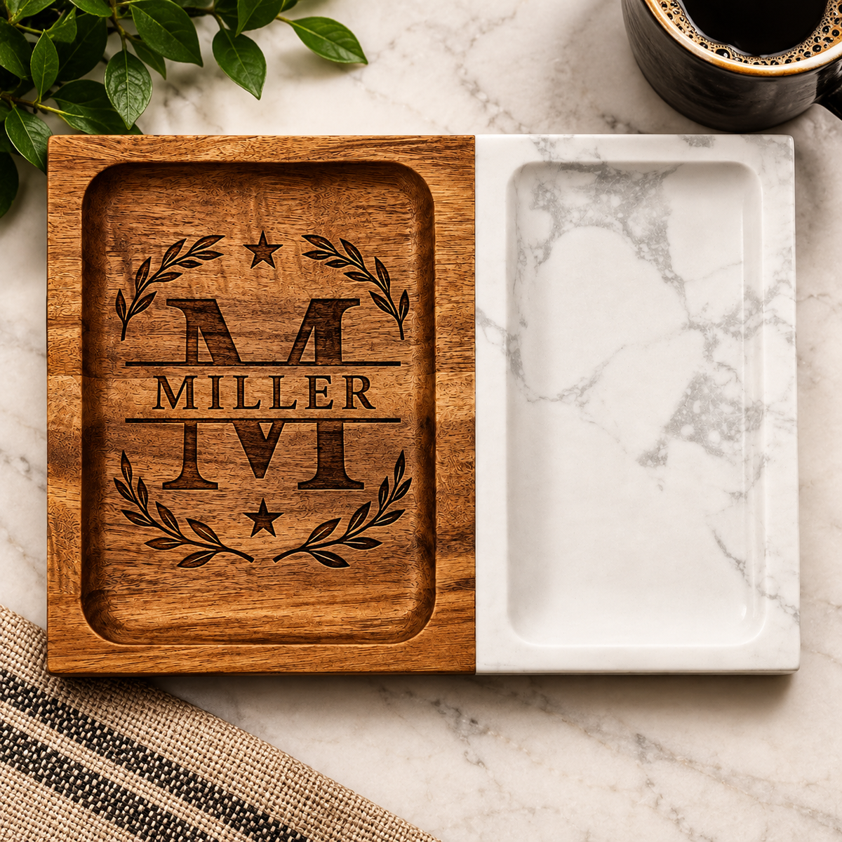Personalized Marble & Acacia Wood Valet Tray
