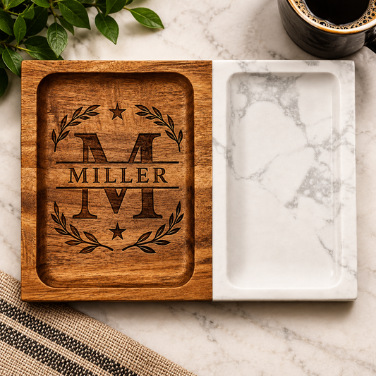 Personalized Marble & Acacia Wood Valet Tray