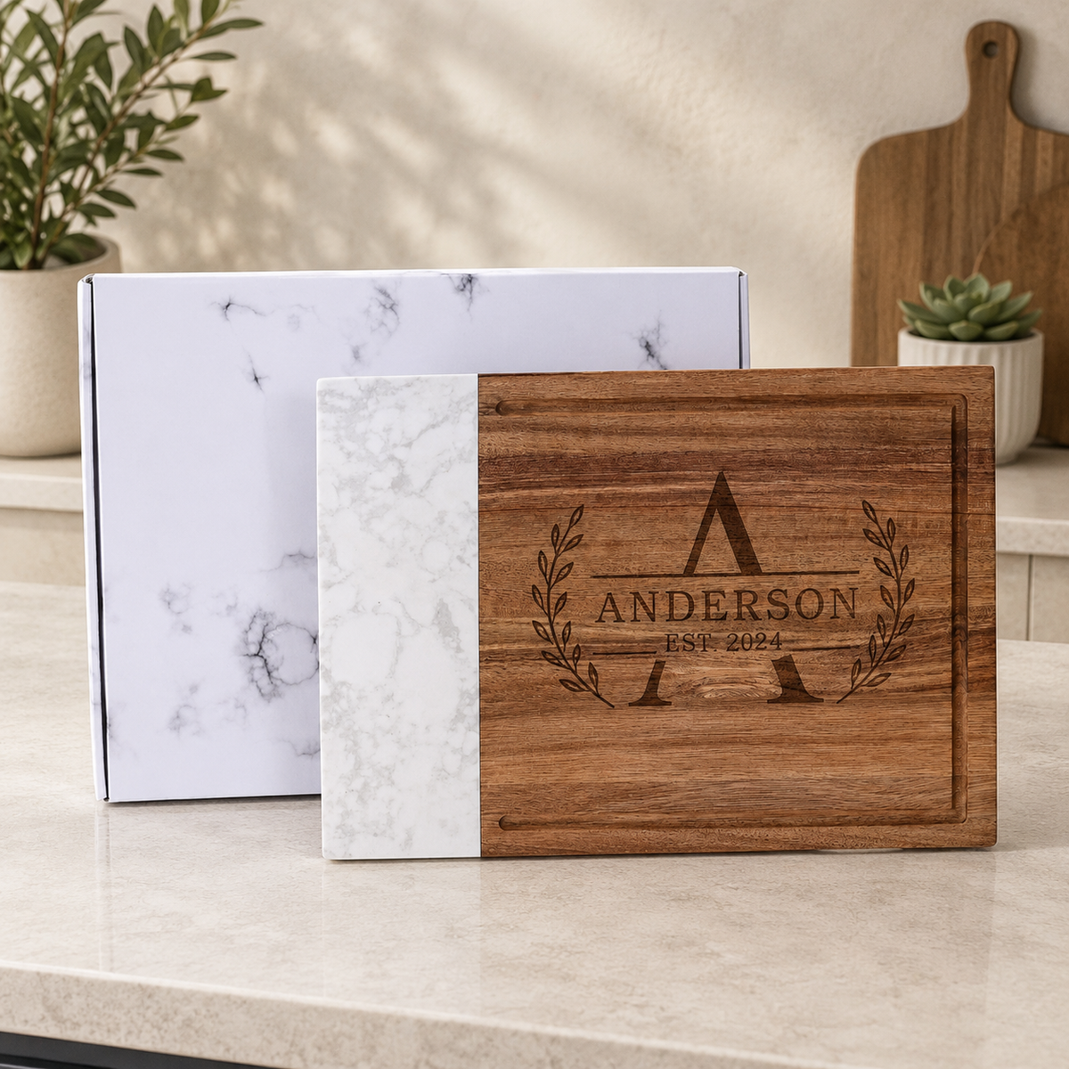 Personalized Marble & Acacia Wood Cutting Board