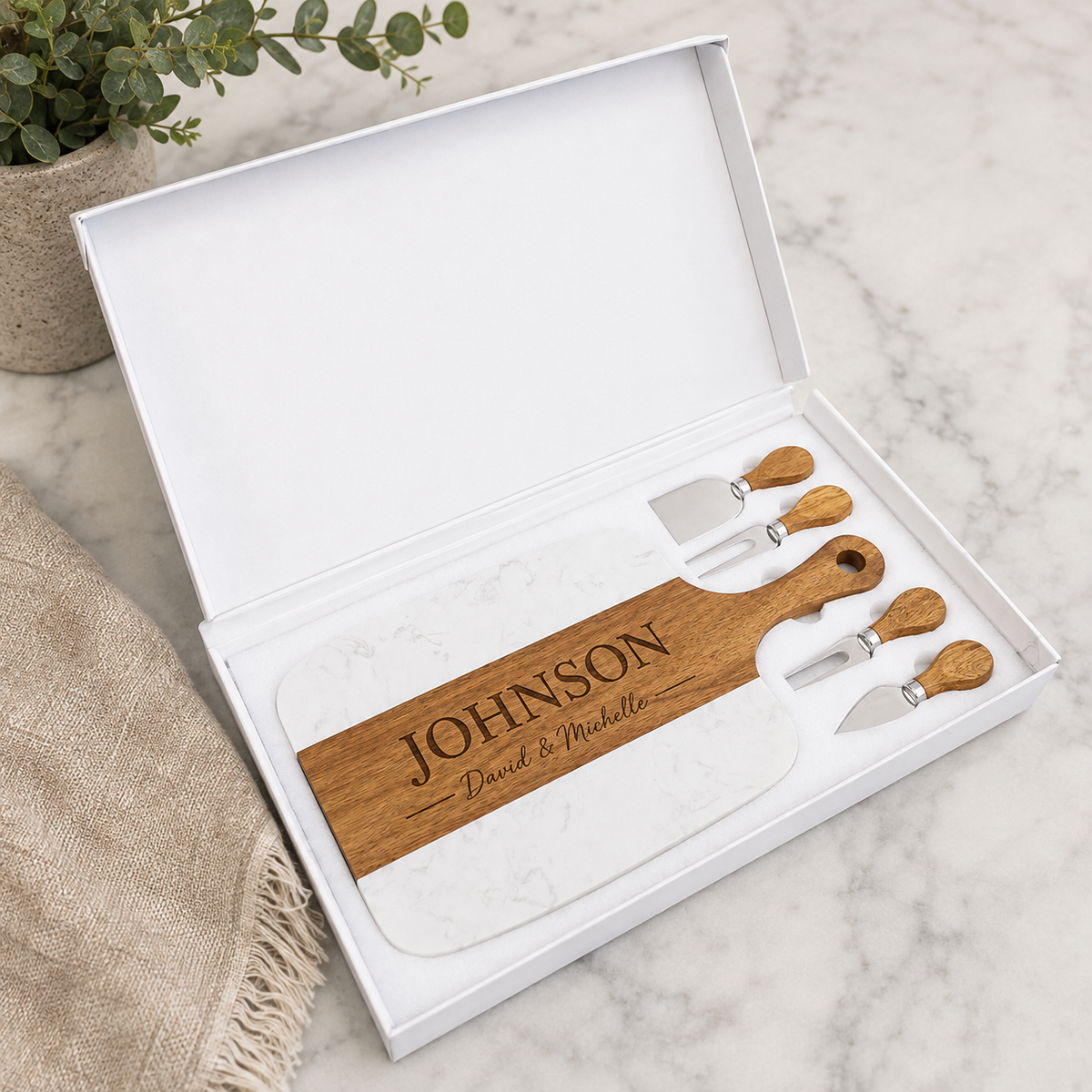 Personalized Marble & Acacia Wood Serving Board Set