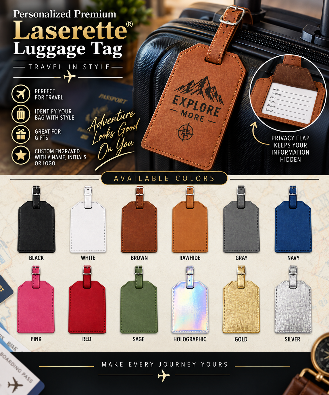 Personalized Leatherette Luggage Tag with Privacy Flap