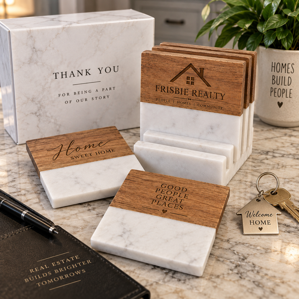 Personalized Marble & Acacia Wood Coaster Set